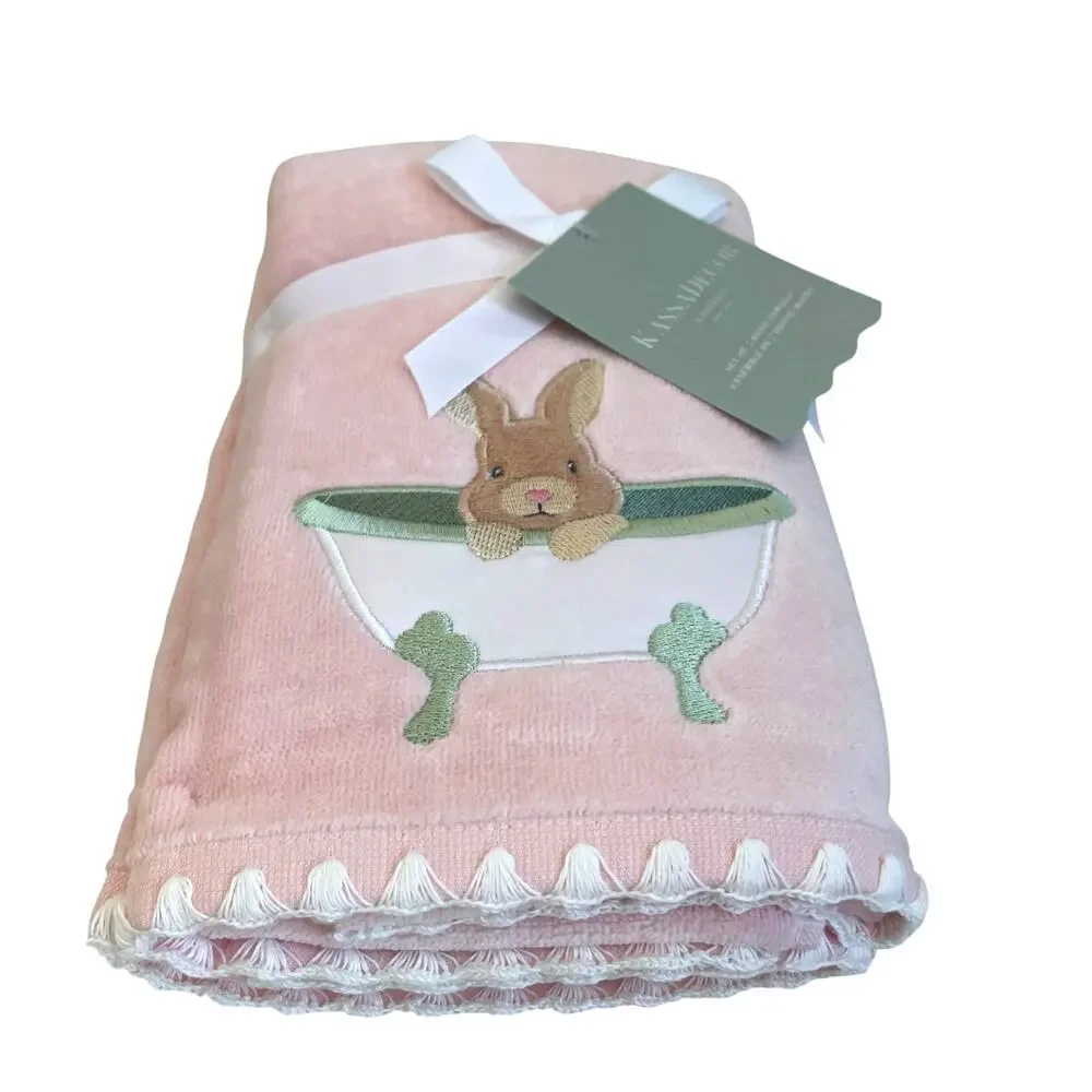 NEW Kassatex 2pk Hand Towels Easter Bunny in Bath Tub Pastel Pink 18x28